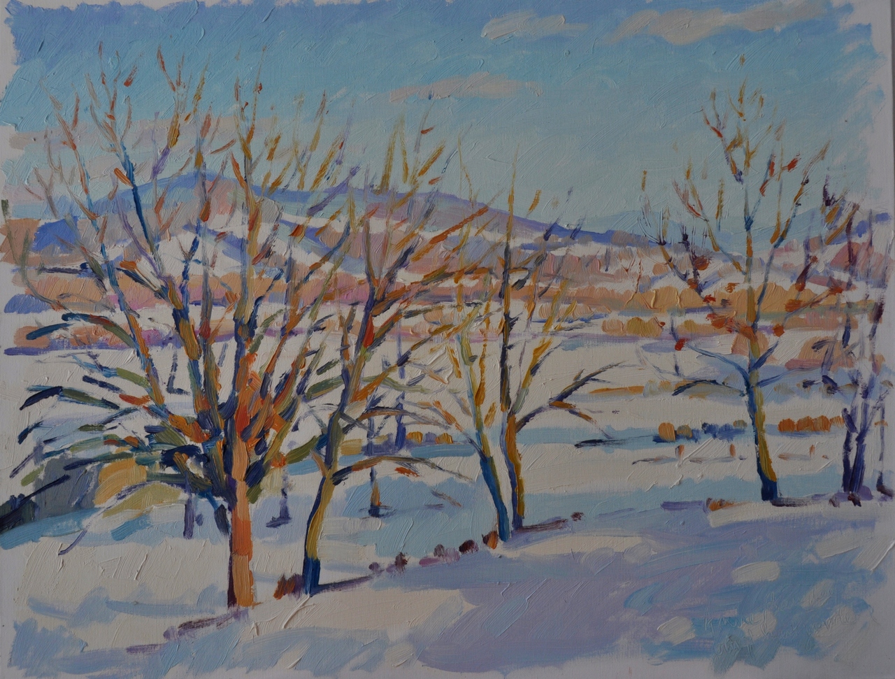 vingt-huit janvier, Vallée de la Loire, neige, huile sur carton toilé, 2012