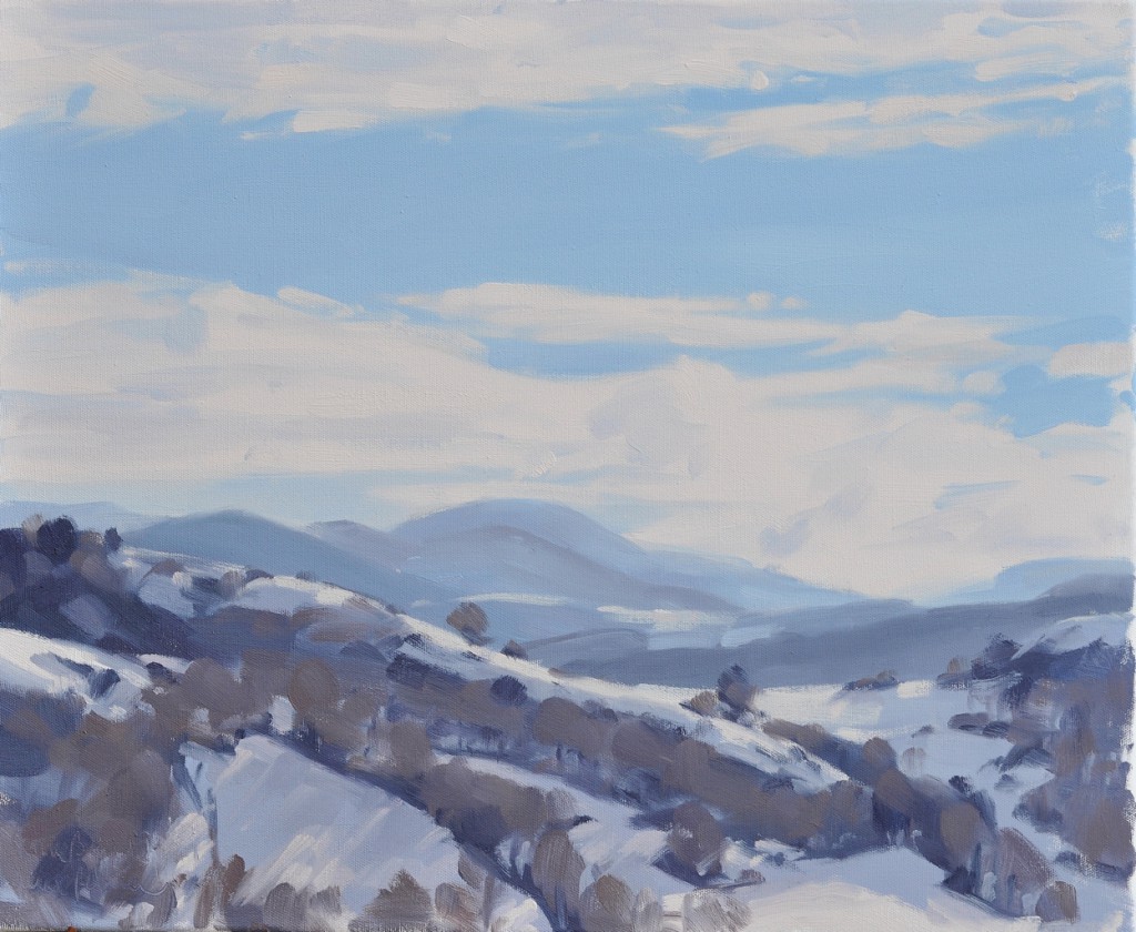 Deux février, les Roches de Mariol, soleil du matin sur la neige, huile sur toile, 61 x 50 cm, 2015