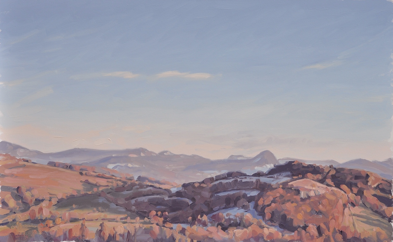 neuf décembre, les Roches de Mariol, lumière du soir, huile sur toile, 81x130cm, 2014