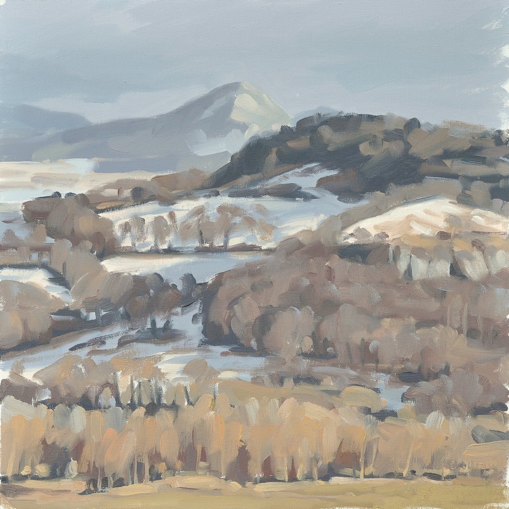 vingt-cinq janvier, Roches de Mariol, soleil du soir, huile sur toile, 50x50cm, 2015