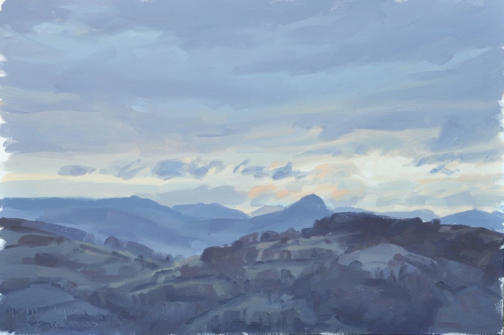 vingt-sept mars, Roches de Mariol, soleil levant, huile sur toile, 50x75cm, 2015