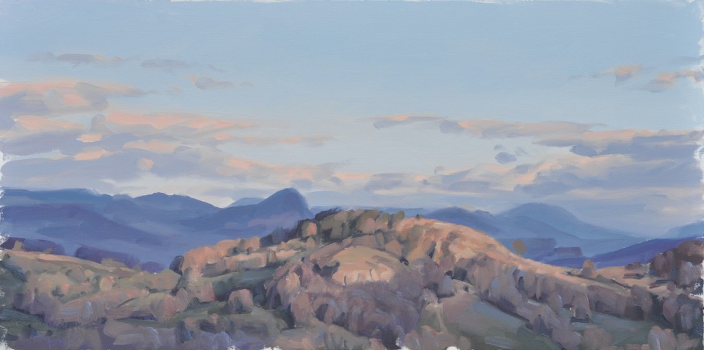 cinq avril, Roches de Mariol, soleil couchant, huile sur toile, 50x100cm, 2015, collection privée UK