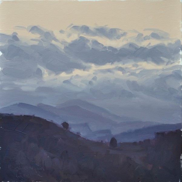 dix octobre, Roches de Mariol, matin gris, huile sur toile, 50x50cm, 2015,  collection privée FR