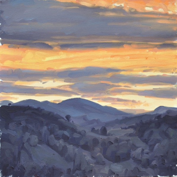 dix-sept octobre, Roches de Mariol, soleil levant, huile sur toile, 50x50cm, 2015,  collection privée FR