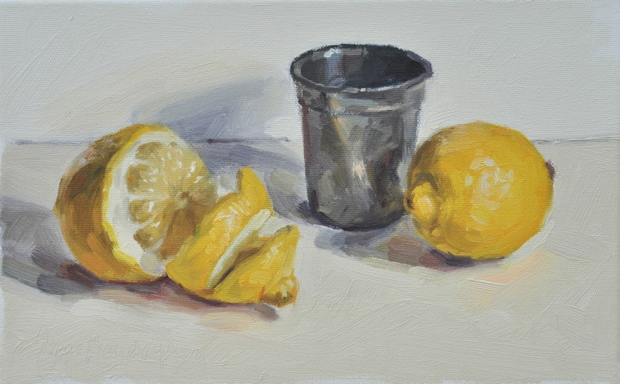 Citrons et gobelet d'étain, huile sur toile, 18,5x30cm, 2016, collection privée FR