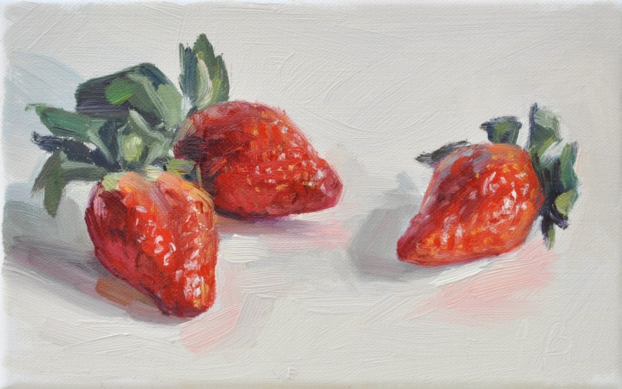 Fraises, fond blanc, huile sur toile, 22x14cm, 2016,  collection privée USA