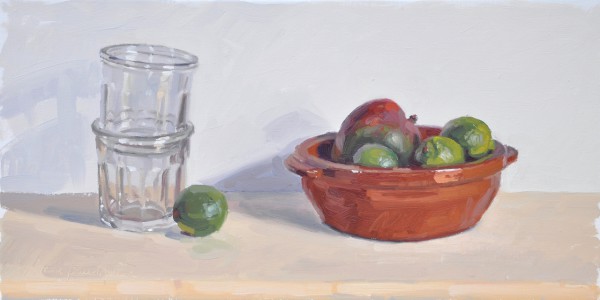 Citrons verts et mangue dans un plat en terre, huile sur toile, 30 x 60 cm, 2016