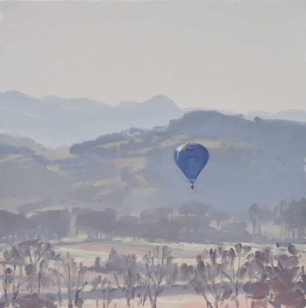 Neuf avril, montgolfière dans la lumière du matin, huile sur toile, 60x60cm, 2016, collection privée USA 
