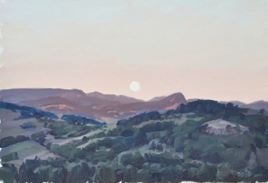 Dix-neuf juillet, Roche de Mariol, lune au soleil couchant, huile sur toile, 50 x73 cm, 2016