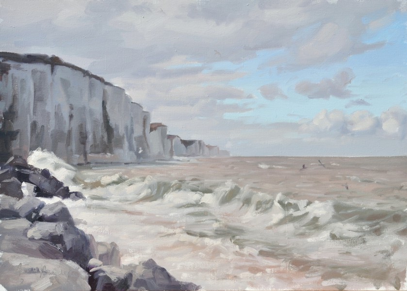 Falaises à Ault, marée haute, ciel gris, huile sur toile, 50 x70 cm, 2017