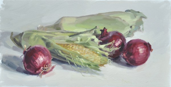 Epis de maïs et oigons rouges, huile sur toile, 20x40cm, 2017, collection privée USA