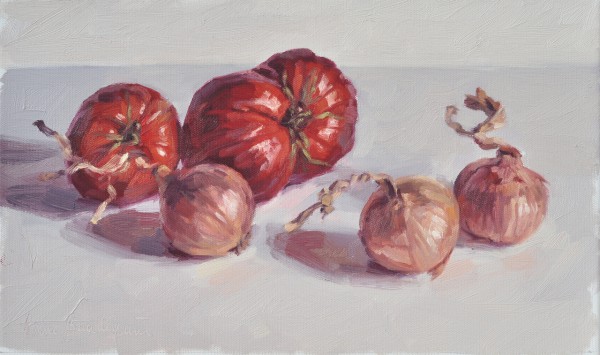 Tomates et oignons, huile sur toile, 24x41cm, 2017
