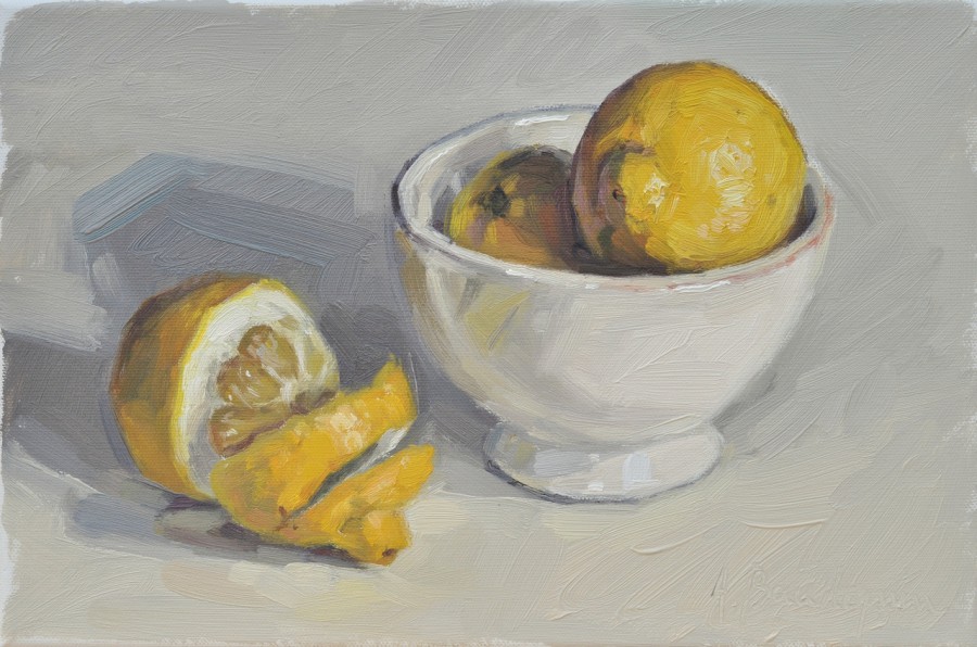 Citrons et bol, fond blanc, huile sur toile, 22x33cm, 2017, collection privée UK