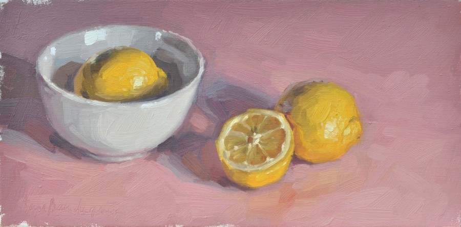 Citrons et bol blanc, fond rose, huile sur toile, 20 x 40 cm, 2017