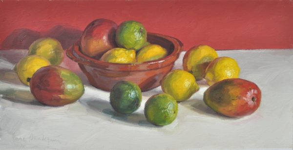 Mangues et citrons, fond rouge, huile sur toile, 30x60 cm, 2018, collection privée AE