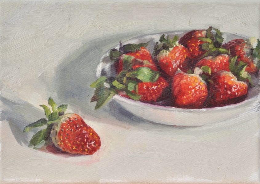 Fraises dans une assiette, huile sur toile, 19 x 27 cm, 2018