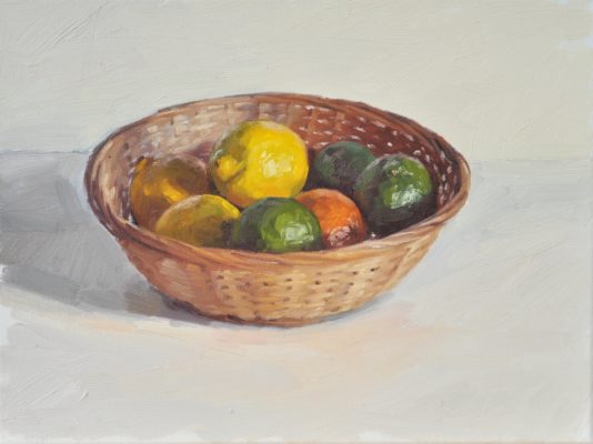 Citrons et orange dans une corbeille, huile sur toile, 30x40cm, 2018