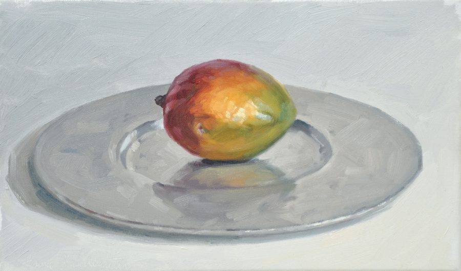 Mangue dans un plat metallique, huile sur toile, 40 x 24 cm, 2018
