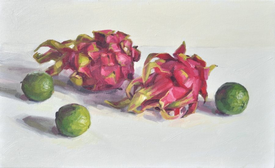 Fruits du dragon et citrons verts, huile sur toile, 30 x 50 cm, 2018
