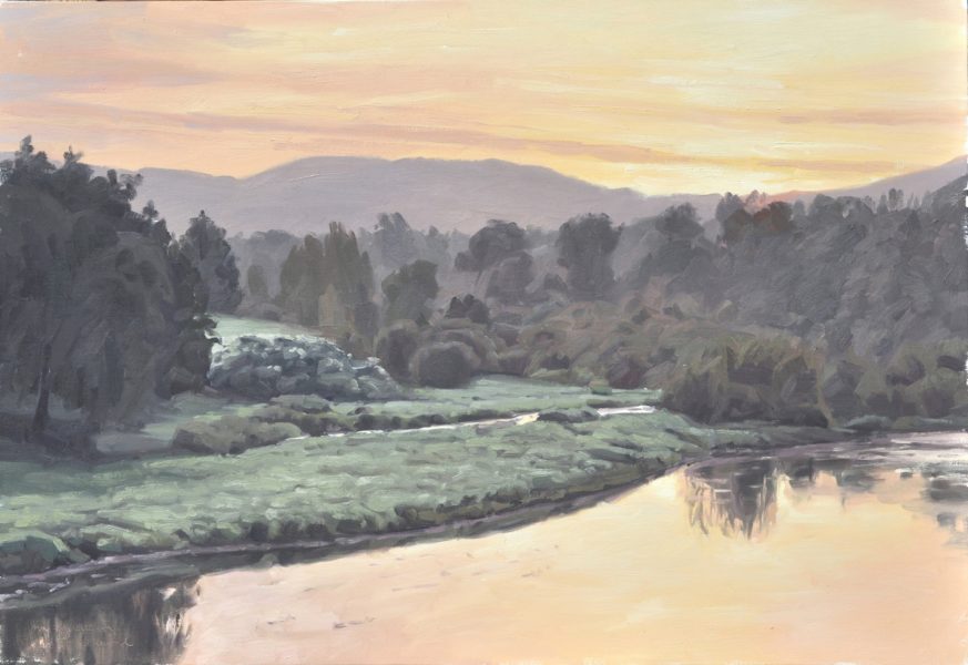 Vingt septembre, la Loire, lever de soleil, huile sur toile, 89 x130 cm, 2018