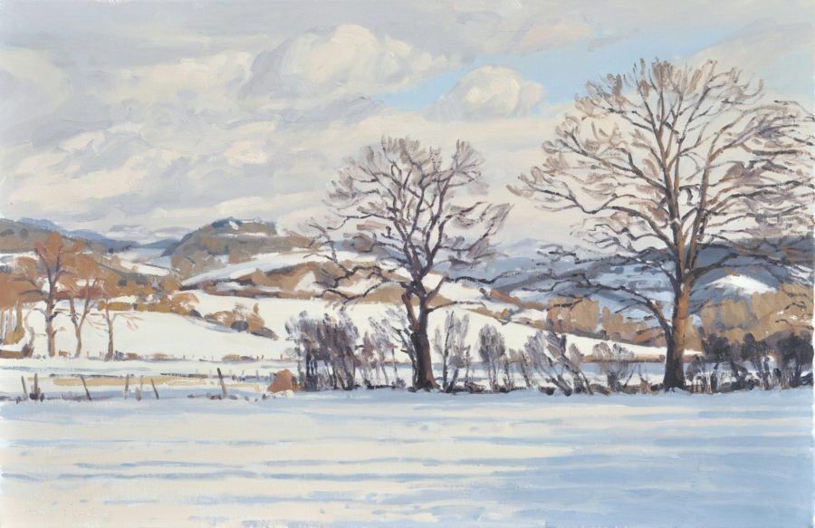 Cinq février, Saint-Vincent, neige, lumière du soir, huile sur toile, 65x100cm, 2019