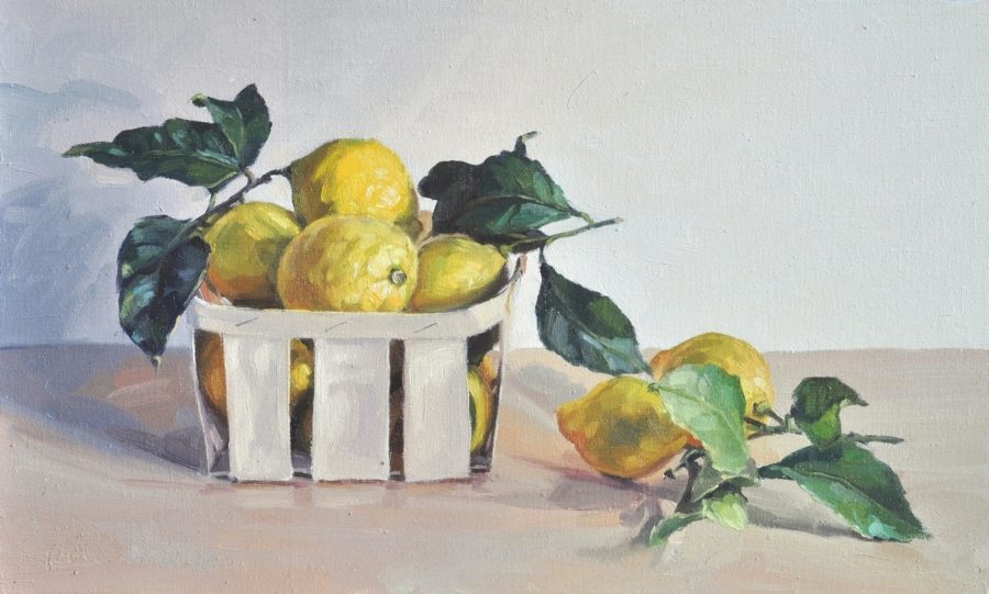 Citrons dans une cagette, huile sur toile, 33 x 55 cm, 2020