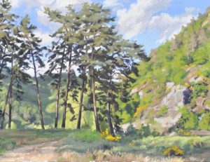 Onze mai, chemin dans les gorges de la Loire, huile sur toile, 60 x 92 cm, 2019, collection privée USA