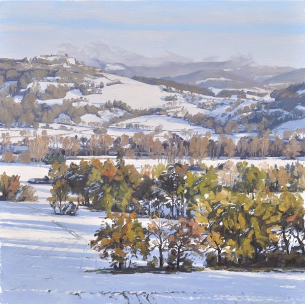 Neige sur la vallée, lumière du soir, huile sur toile, 90 x 90 cm, 2019