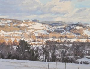 Neige sur les monts du Velay, lumière du soir, huile sur toile, 108 x 162 cm, 2020