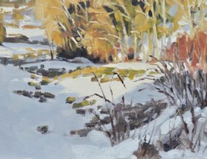 Quatre février, neige à Saint Vincent, lumière du soir, huile sur toile, 50 x70 cm, 2019