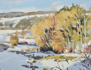 Quatre février, neige à Saint Vincent, lumière du soir, huile sur toile, 50 x70 cm, 2019