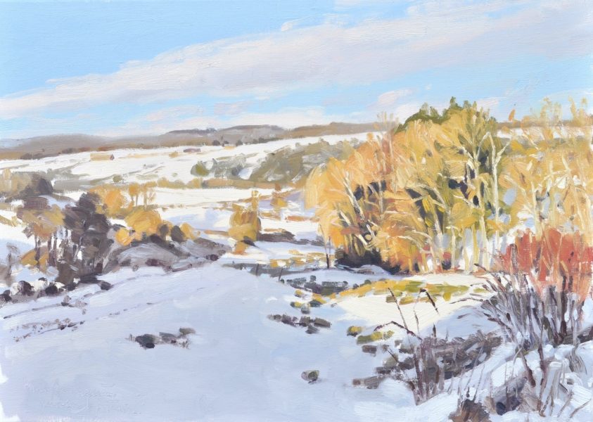 Quatre février, neige à Saint Vincent, lumière du soir, huile sur toile, 50 x70 cm, 2019