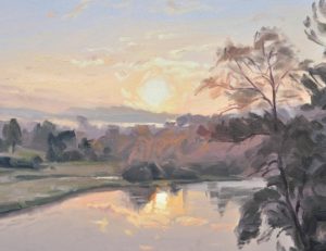 Cinq septembre, lever de soleil sur la Loire, huile sur toile, 60 x 90 cm, 2020