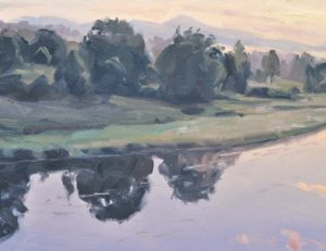 Cinq septembre, lever de soleil sur la Loire, huile sur toile, 60 x 90 cm, 2020