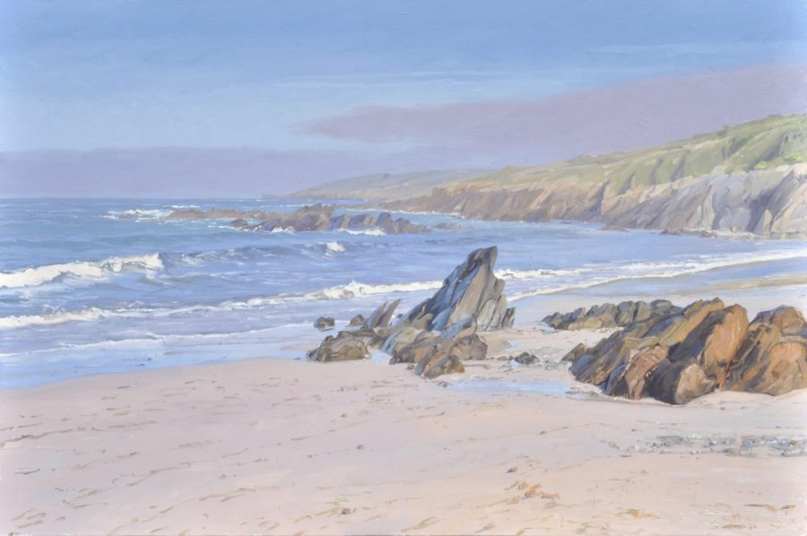 Plage à plozévet, brumes du matin, huile sur toile, 108 x 162 cm, 2021