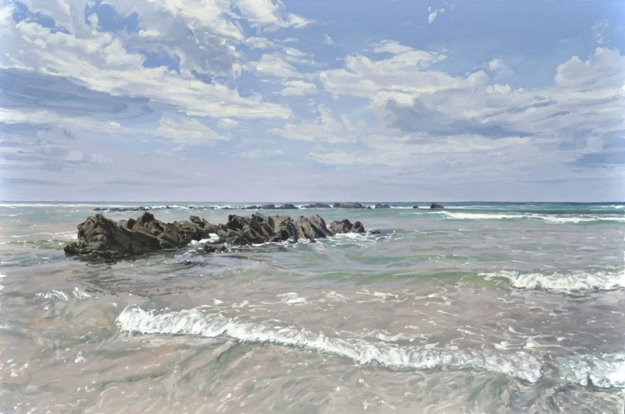 Plage à Plozévet, nuages d'été, huile sur toile, 108 x 162 cm, 2021