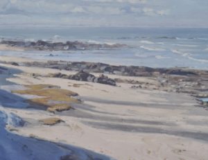 La plage à Plozévet, lumière du matin, huile sur toile, 97 x 162 cm, 2020