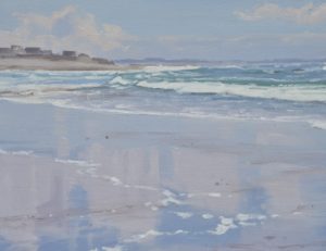 Plage de Bretagne, reflets, huile sur toile, 108 x 162 cm, 2020