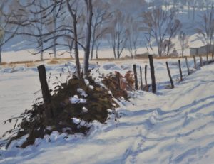 Sept janvier, chemin dans la neige à Saint Vincent, huile sur toile, 60 x 90 cm, 2021