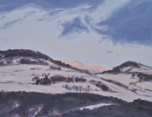 Coucher de soleil sur les monts du Velay enneigés, huile sur toile, 108 x 162 cm, 2021