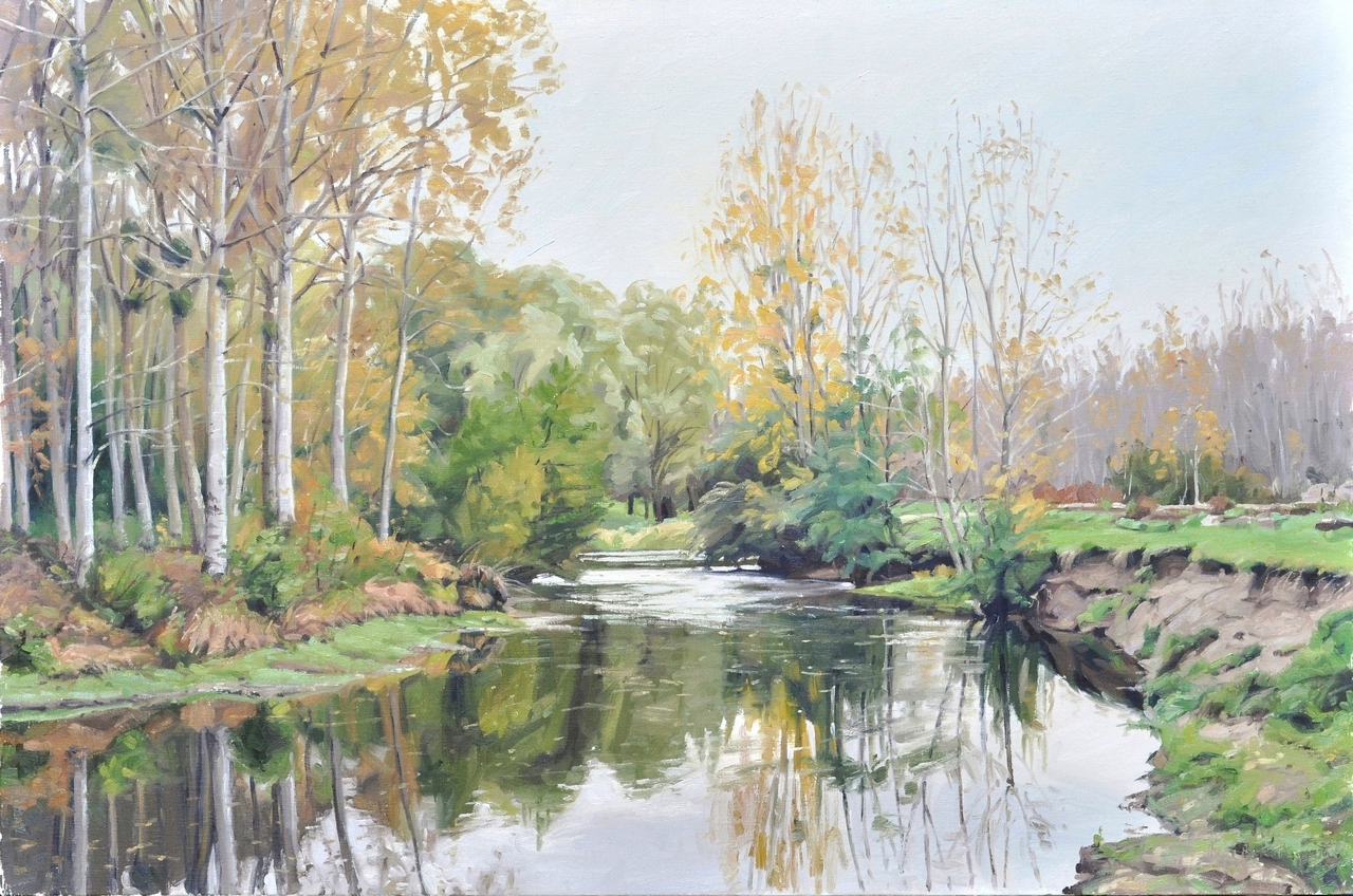 Les bords de l'Indre, lumière d'automne, huile sur toile, 86 x 130 cm, 2020