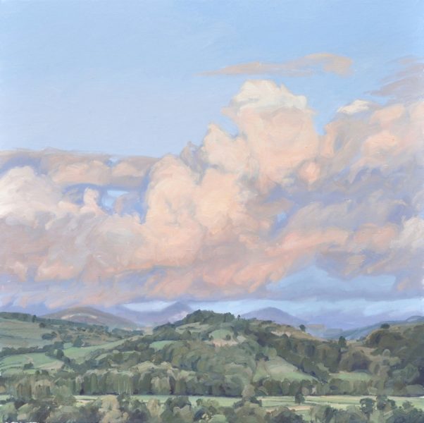 Vingt-août, roches de Mariol, coucher de soleil, huile sur toile, 90 x 90 cm, 2021