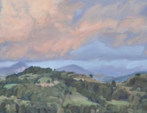 Vingt-août, roches de Mariol, coucher de soleil, huile sur toile, 90 x 90 cm, 2021