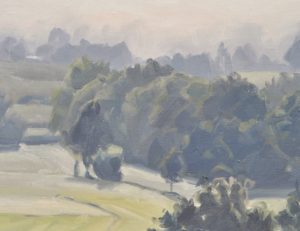 Six septembre, vallée de la Loire, brumes matinales, huile sur toile, 90 x 90 cm, 2021