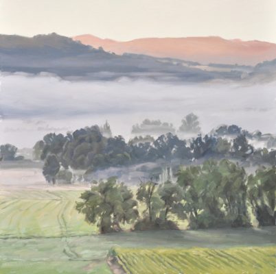 Dix septembre, vallée de la Loire, brumes au soleil levant, huile sur toile, 90 x 90 cm, 2021