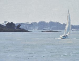 Voiliers dans le Golfe du Morbihan, matin d'été, huile sur toile, 81 X 130 cm, 2021