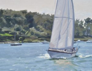 Voilier dans le golfe du Morbihan, lumière du matin, huile sur toile, 60 x 90 cm, 2021, collection privée PT