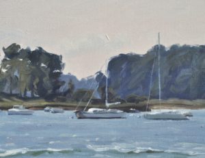 Voilier dans le golfe du Morbihan, lumière du matin, huile sur toile, 60 x 90 cm, 2021, collection privée PT