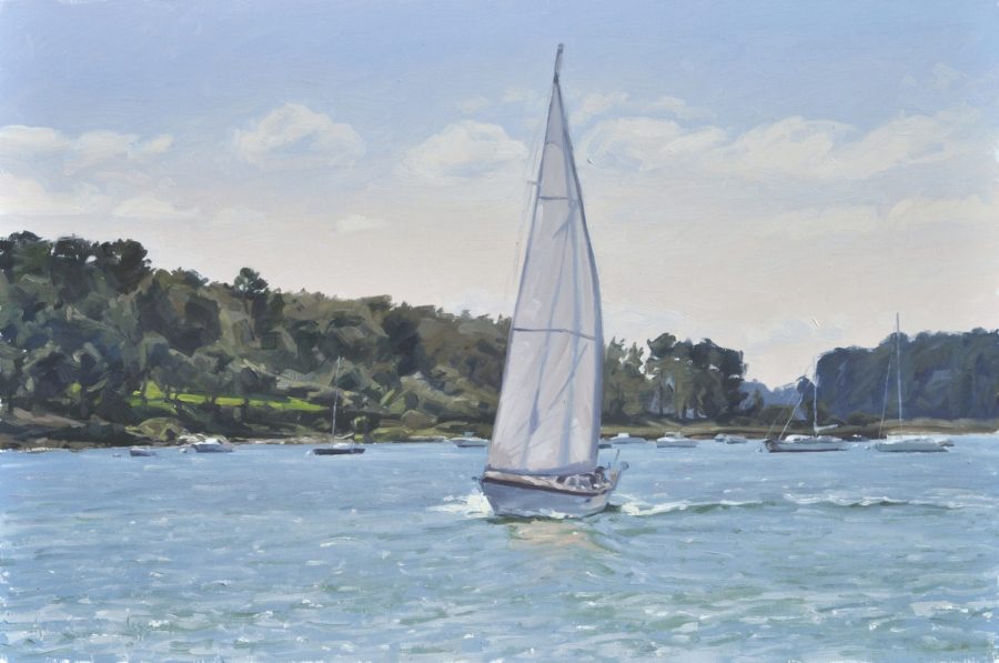 Voilier dans le golfe du Morbihan, lumière du matin, huile sur toile, 60 x 90 cm, 2021, collection privée PT