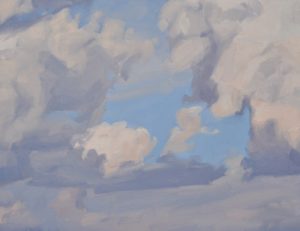 Neuf juin, nuages du soir au-dessus des monts, huile sur toile, 101 x 162 cm, 2021